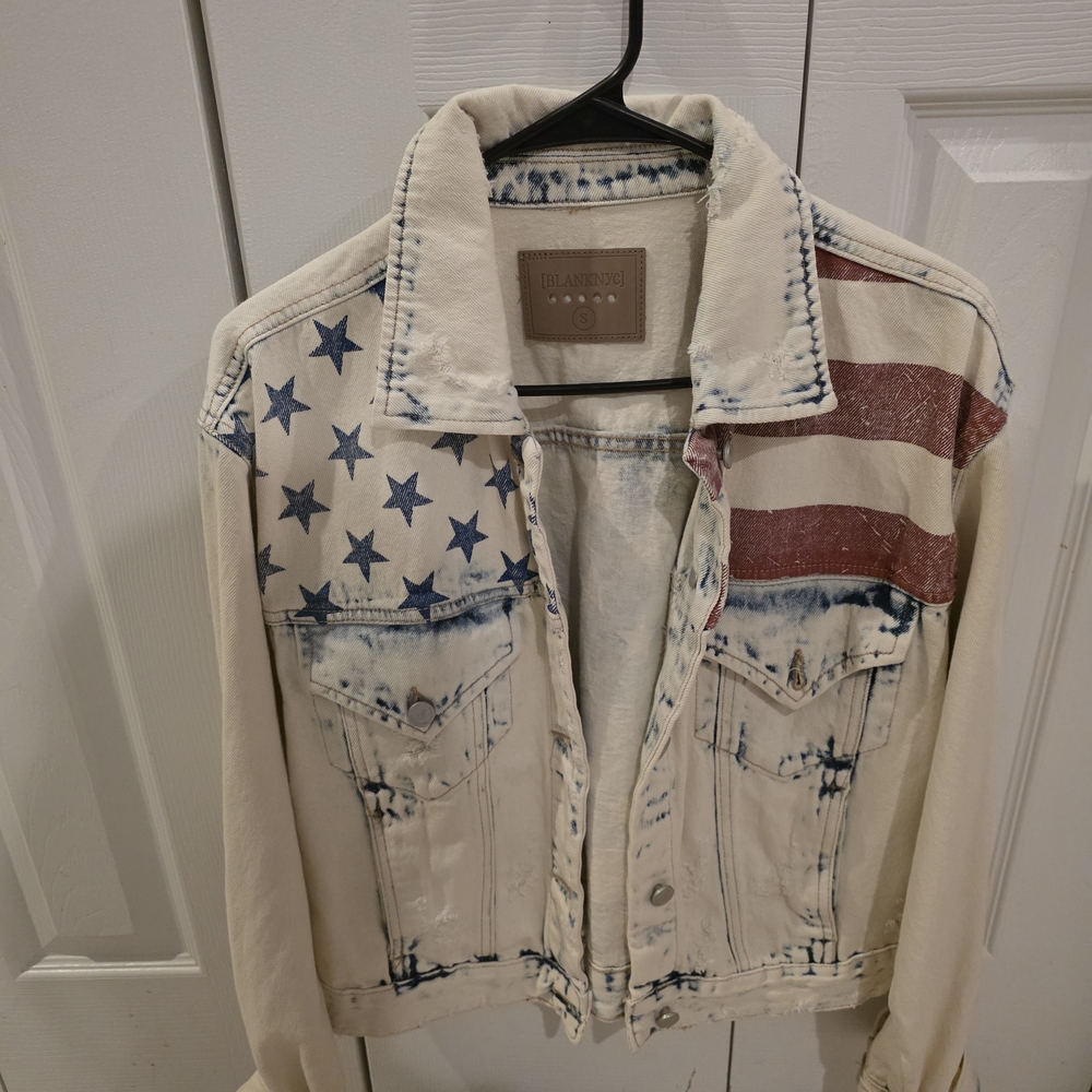 Blank NYC Cream Denim Jacket with Stars and Stripes